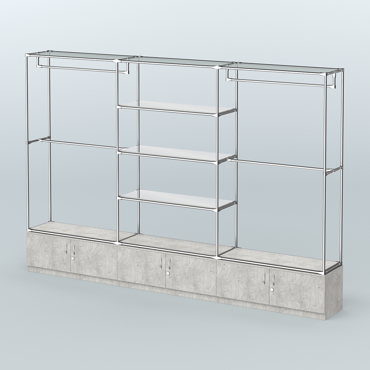 Торговая система ХРОМ без ДСП 3600 мм с тумбами Т21, зеркальными полками и поручнями №2 Метрополитан Грей