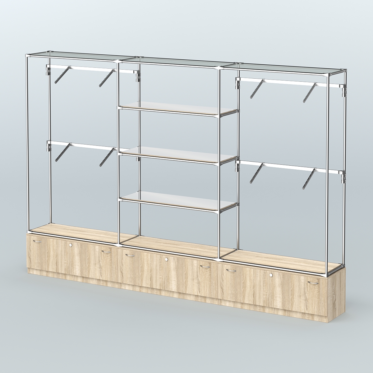 Торговая система ХРОМ без ДСП 3600 мм с тумбами Т11, зеркальными полками и поручнями №3 Дуб Сонома