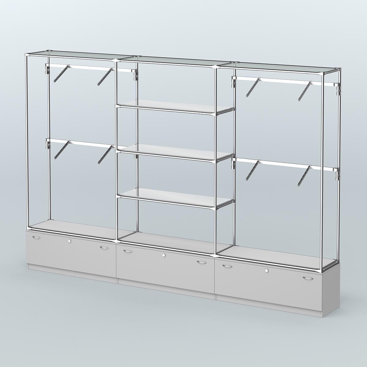 Торговая система ХРОМ без ДСП 3600 мм с тумбами Т11, зеркальными полками и поручнями №3 Серый