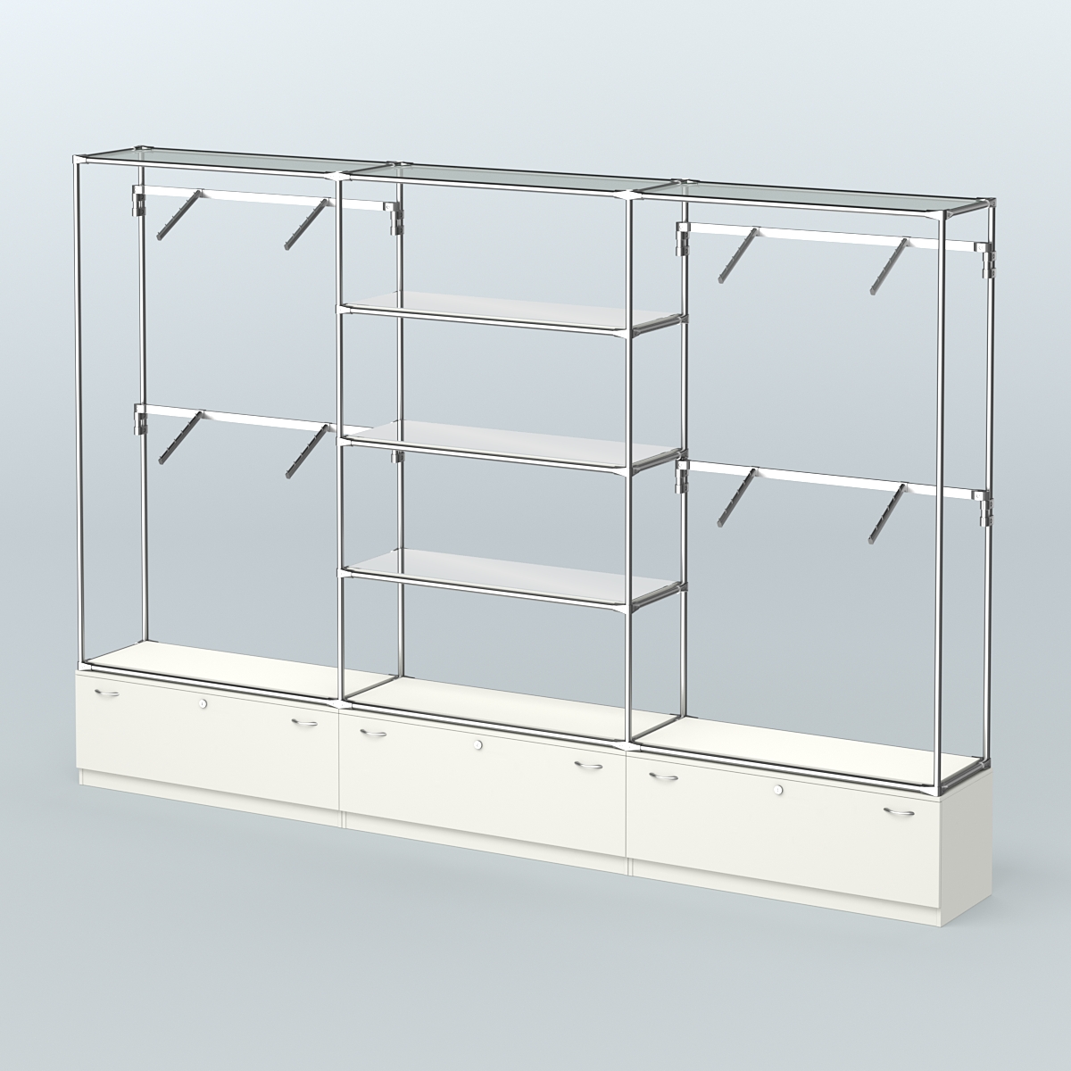 Торговая система ХРОМ без ДСП 3600 мм с тумбами Т11, зеркальными полками и поручнями №3 Белый