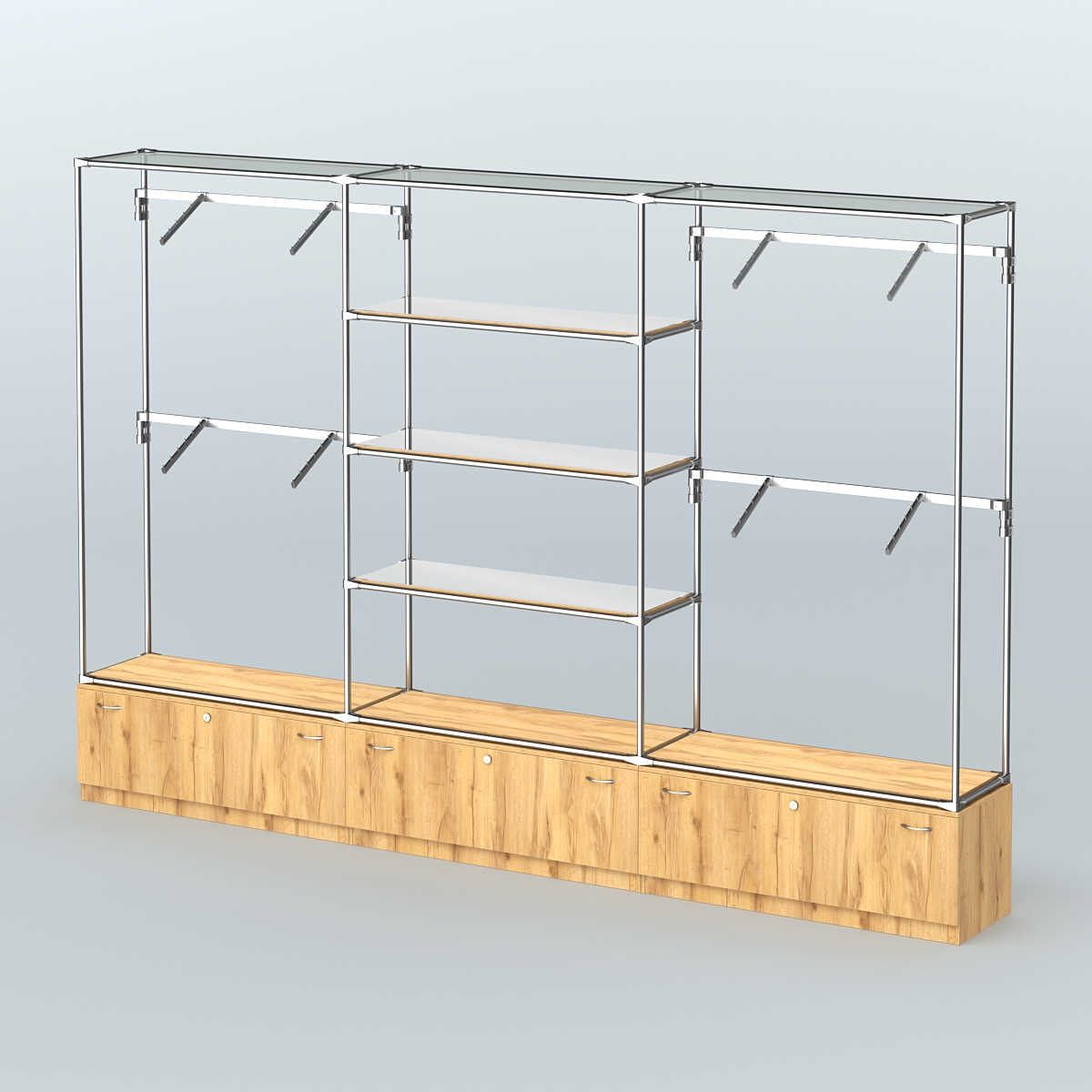 Торговая система ХРОМ без ДСП 3600 мм с тумбами Т11, зеркальными полками и поручнями №3 Дуб Золотистый