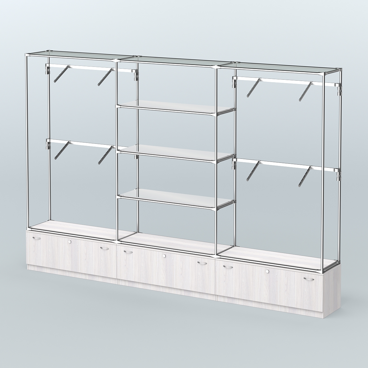 Торговая система ХРОМ без ДСП 3600 мм с тумбами Т11, зеркальными полками и поручнями №3 Ясень Анкор светлый