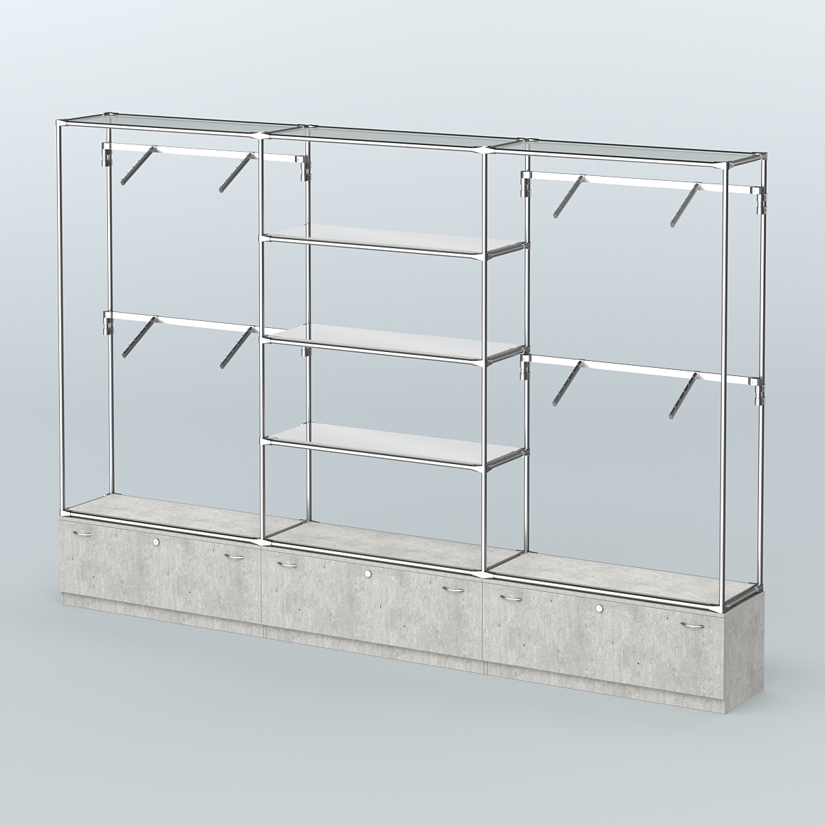 Торговая система ХРОМ без ДСП 3600 мм с тумбами Т11, зеркальными полками и поручнями №3 Метрополитан Грей