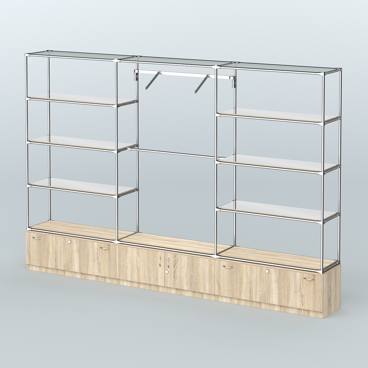 Торговая система ХРОМ без ДСП 3600 мм с тумбами Т11, Т21, зеркальными полками и поручнями №4 Дуб Сонома