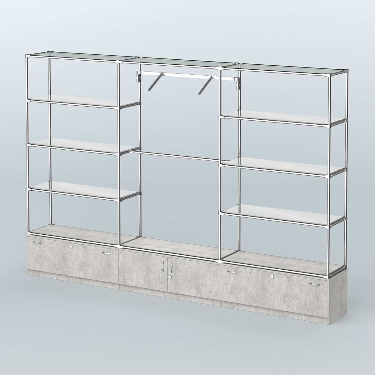 Торговая система ХРОМ без ДСП 3600 мм с тумбами Т11, Т21, зеркальными полками и поручнями №4 Метрополитан Грей