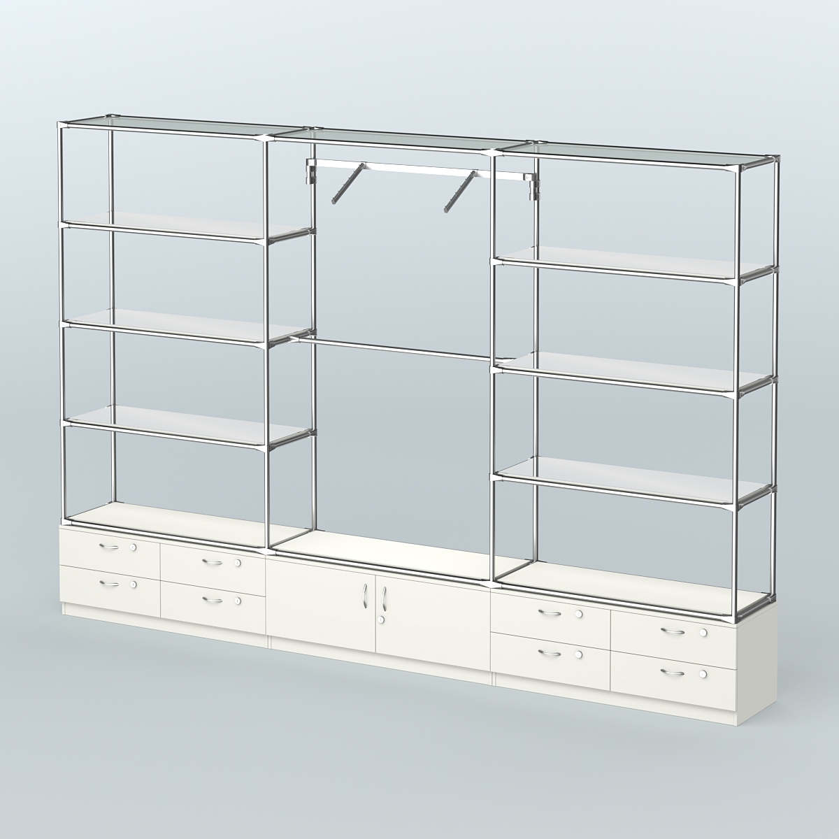 Торговая система ХРОМ без ДСП 3600 мм с тумбами Т14, Т21, зеркальными полками и поручнями №5 Белый