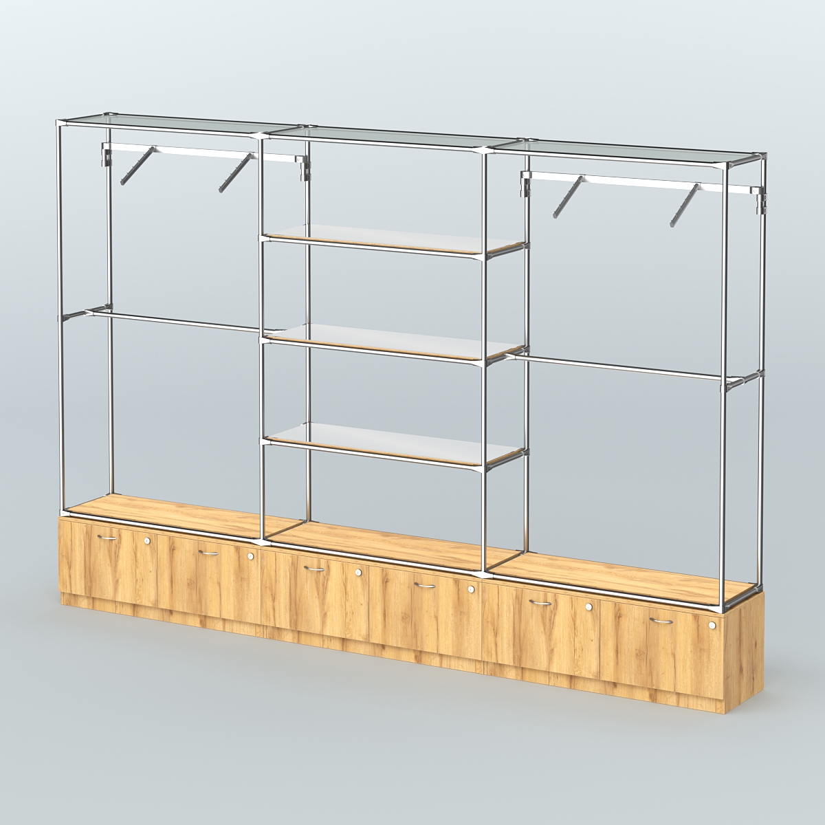 Торговая система ХРОМ без ДСП 3600 мм с тумбами Т15, зеркальными полками и поручнями №6 Дуб Золотистый