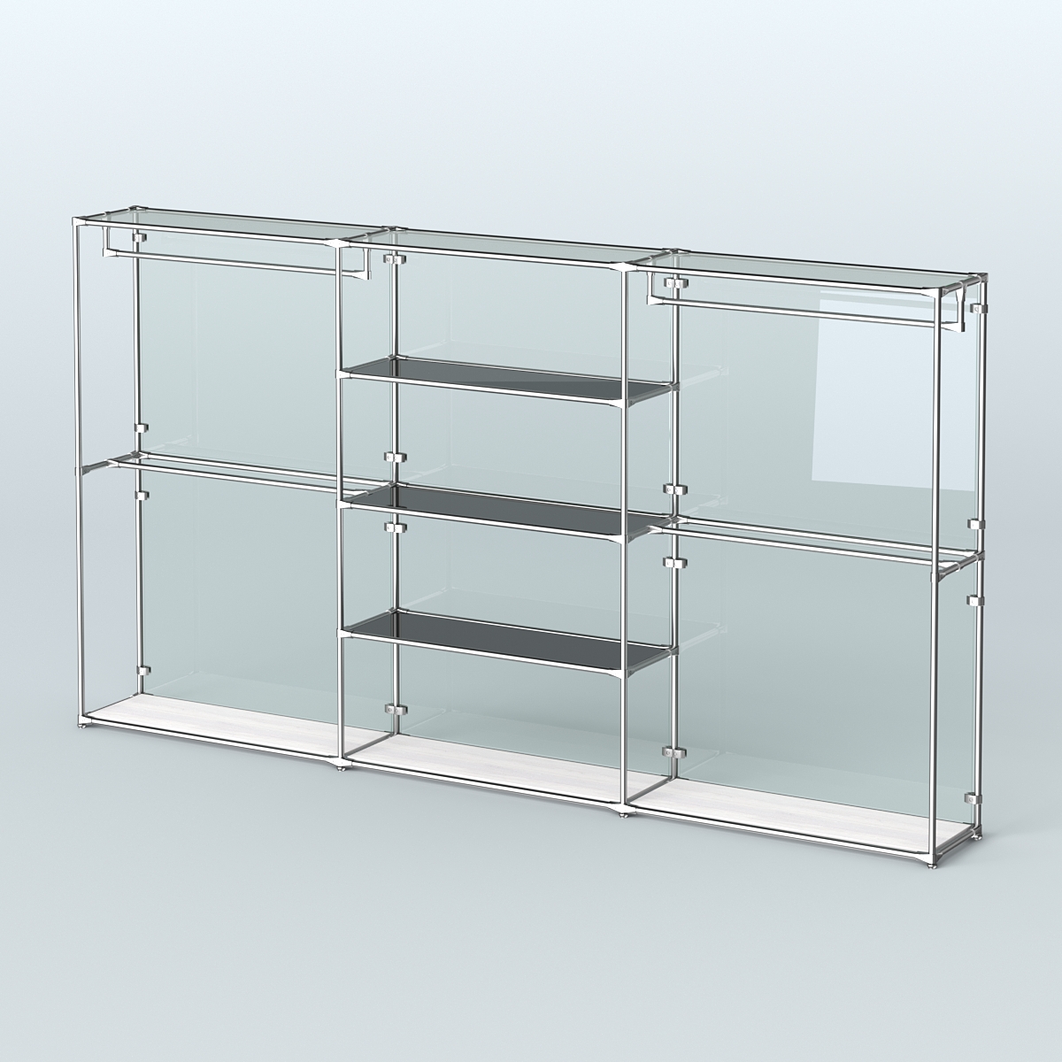 Торговая система ХРОМ (задняя стенка - стекло) 3600 мм с тонированными полками и поручнями №2 Ясень Анкор светлый