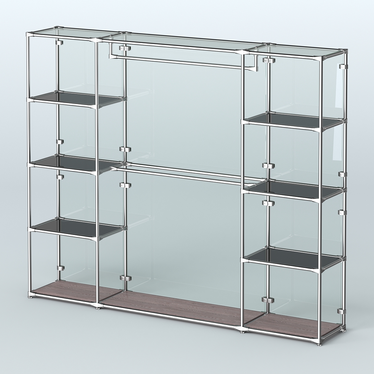 Торговая система ХРОМ (задняя стенка - стекло) 2430 мм с тонированными полками и поручнями №3 Ясень Анкор темный