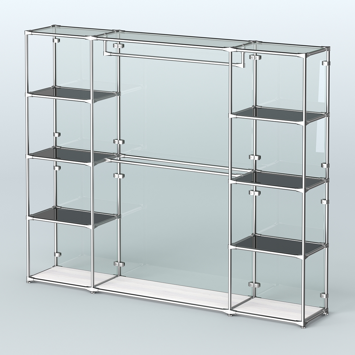 Торговая система ХРОМ (задняя стенка - стекло) 2430 мм с тонированными полками и поручнями №3 Ясень Анкор светлый