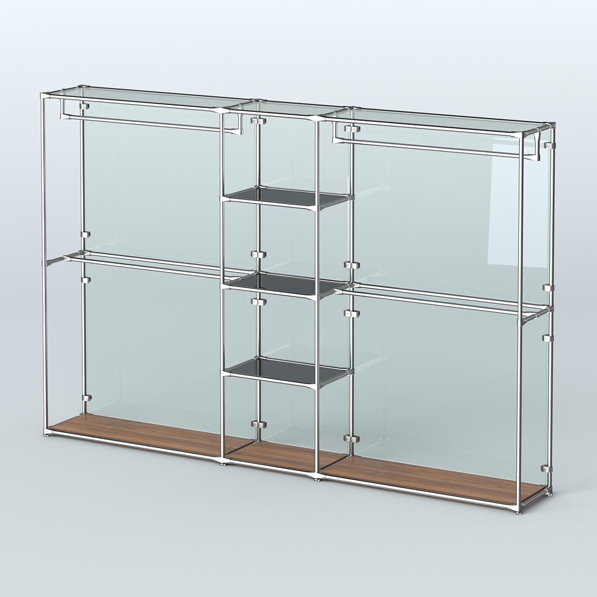 Торговая система ХРОМ (задняя стенка - стекло) 3030 мм с тонированными полками и поручнями №4 Орех