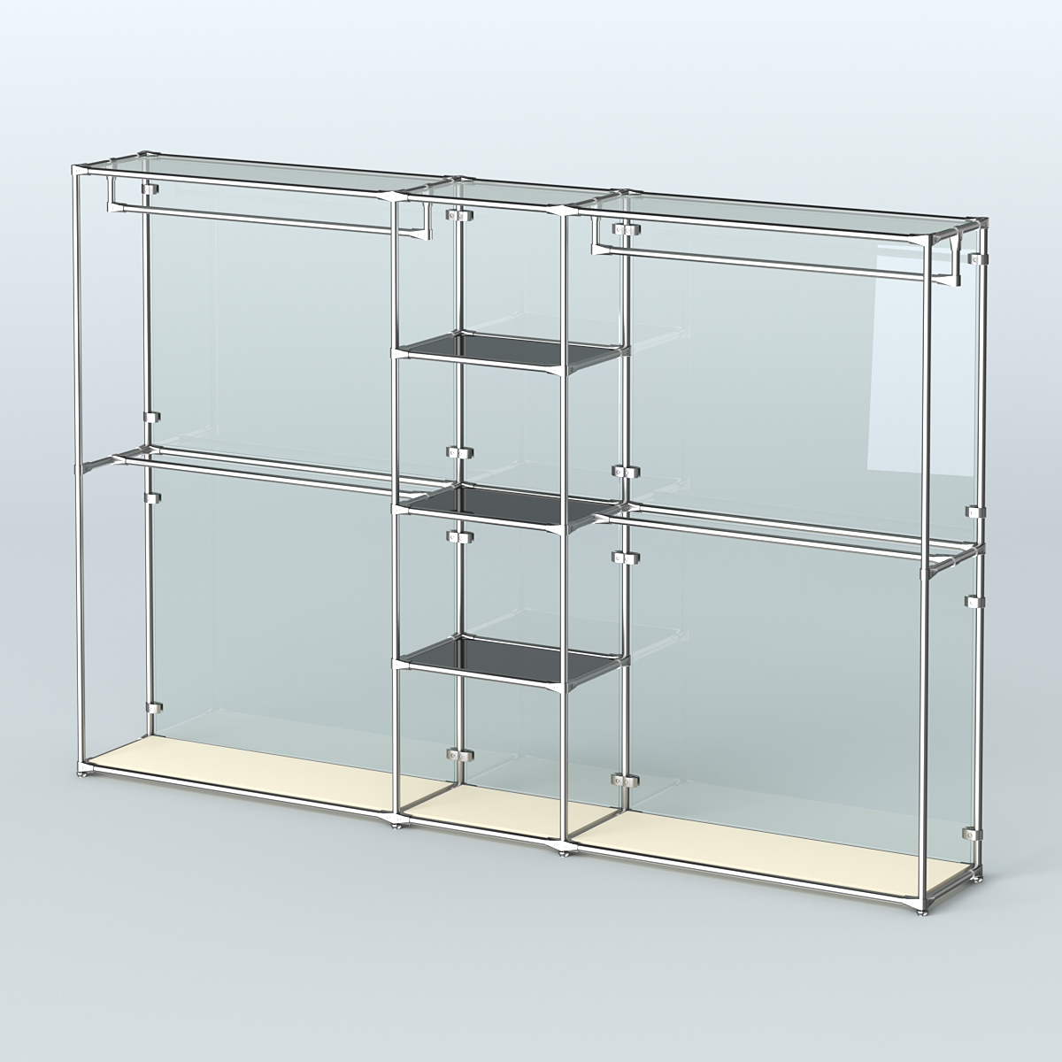 Торговая система ХРОМ (задняя стенка - стекло) 3030 мм с тонированными полками и поручнями №4 Крем Вайс