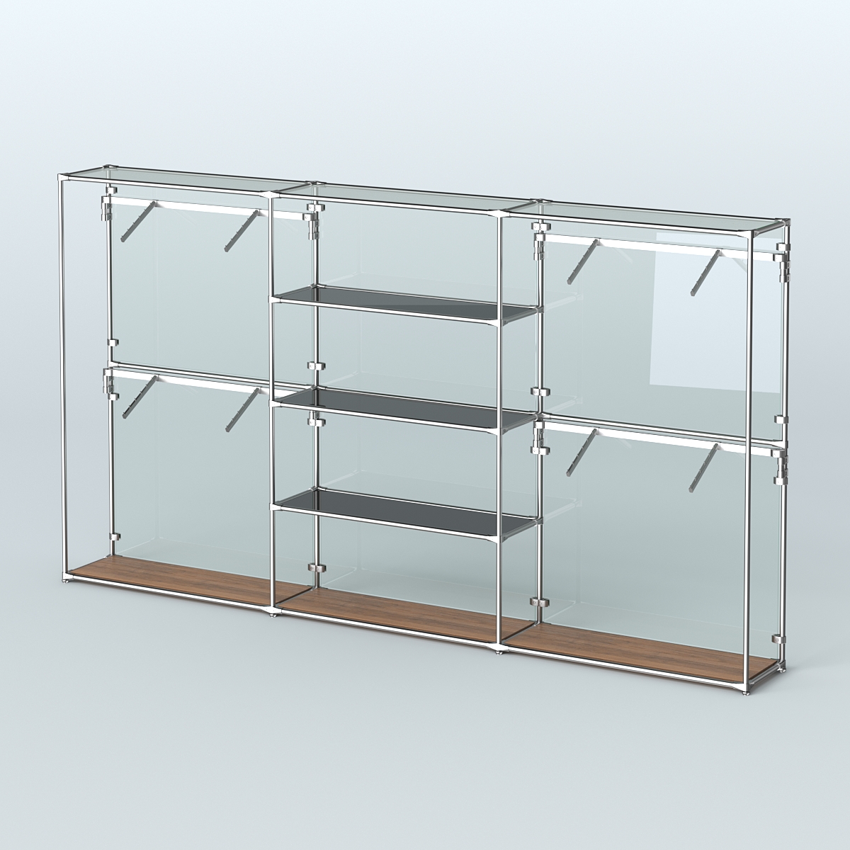 Торговая система ХРОМ (задняя стенка - стекло) 3600 мм с тонированными полками и поручнями №5 Орех