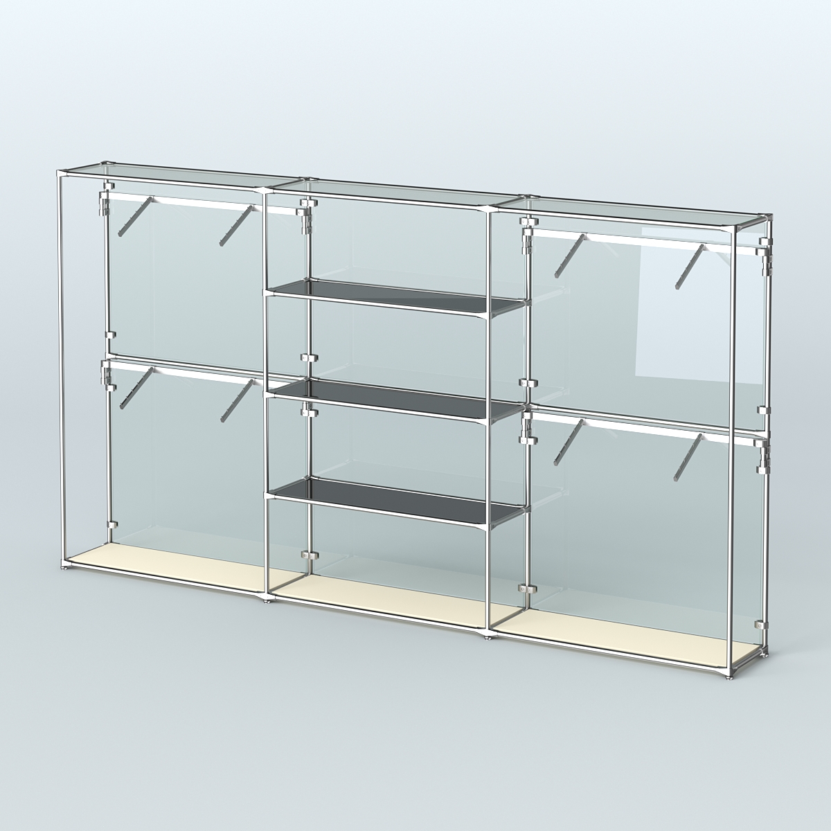 Торговая система ХРОМ (задняя стенка - стекло) 3600 мм с тонированными полками и поручнями №5 Крем Вайс