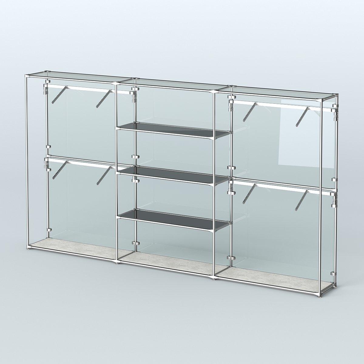 Торговая система ХРОМ (задняя стенка - стекло) 3600 мм с тонированными полками и поручнями №5 Метрополитан Грей