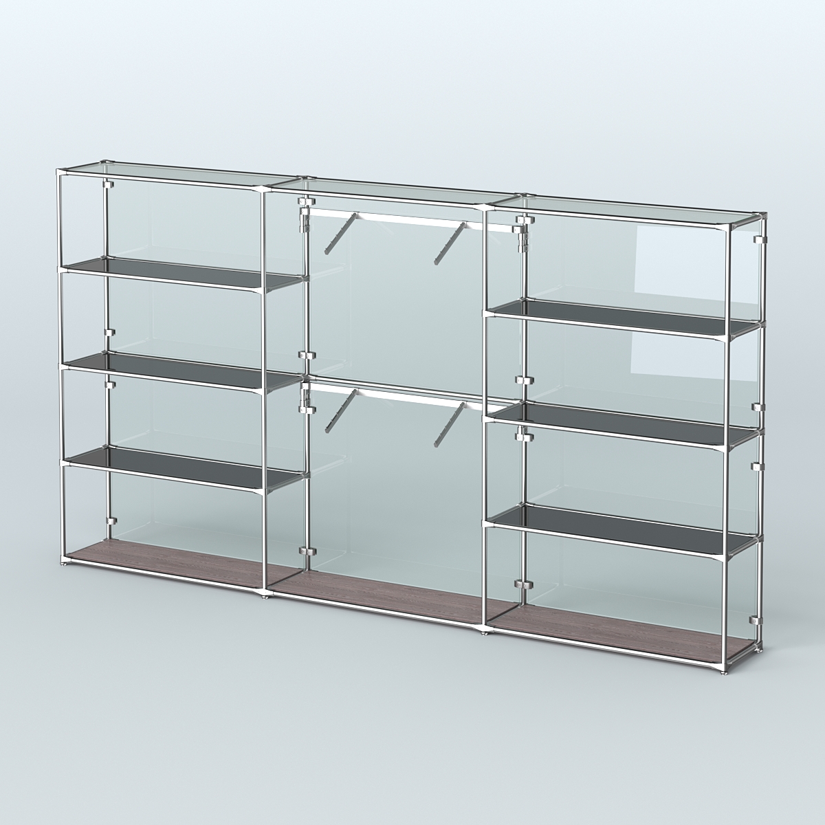 Торговая система ХРОМ (задняя стенка - стекло) 3600 мм с тонированными полками и поручнями №6 Ясень Анкор темный