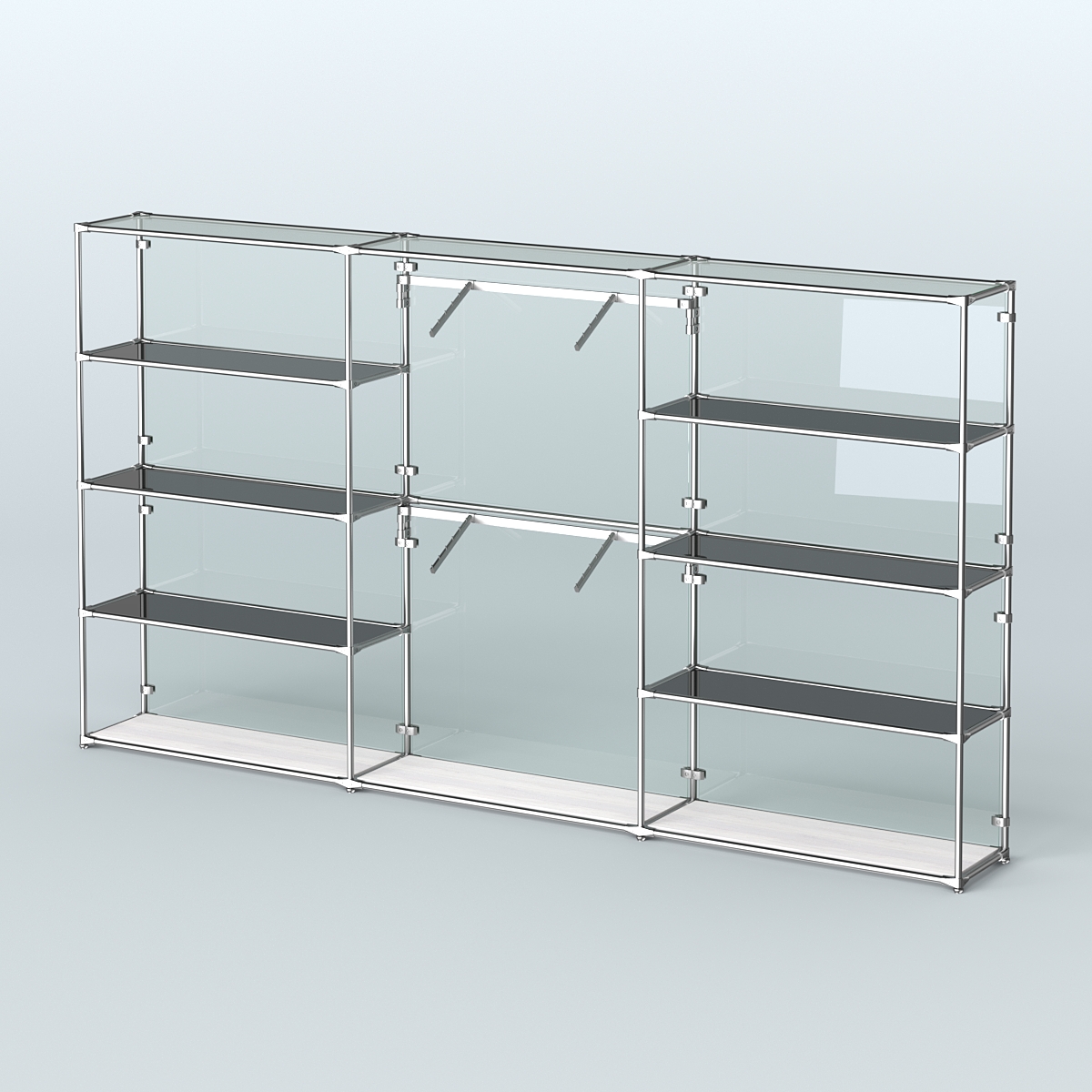 Торговая система ХРОМ (задняя стенка - стекло) 3600 мм с тонированными полками и поручнями №6 Ясень Анкор светлый