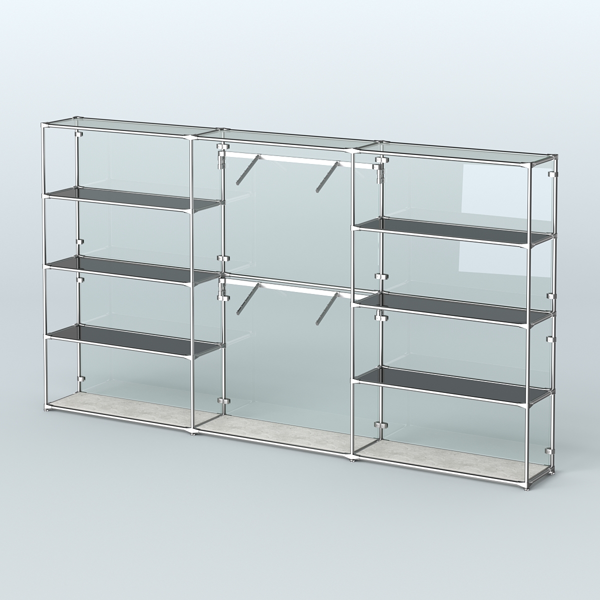 Торговая система ХРОМ (задняя стенка - стекло) 3600 мм с тонированными полками и поручнями №6 Метрополитан Грей