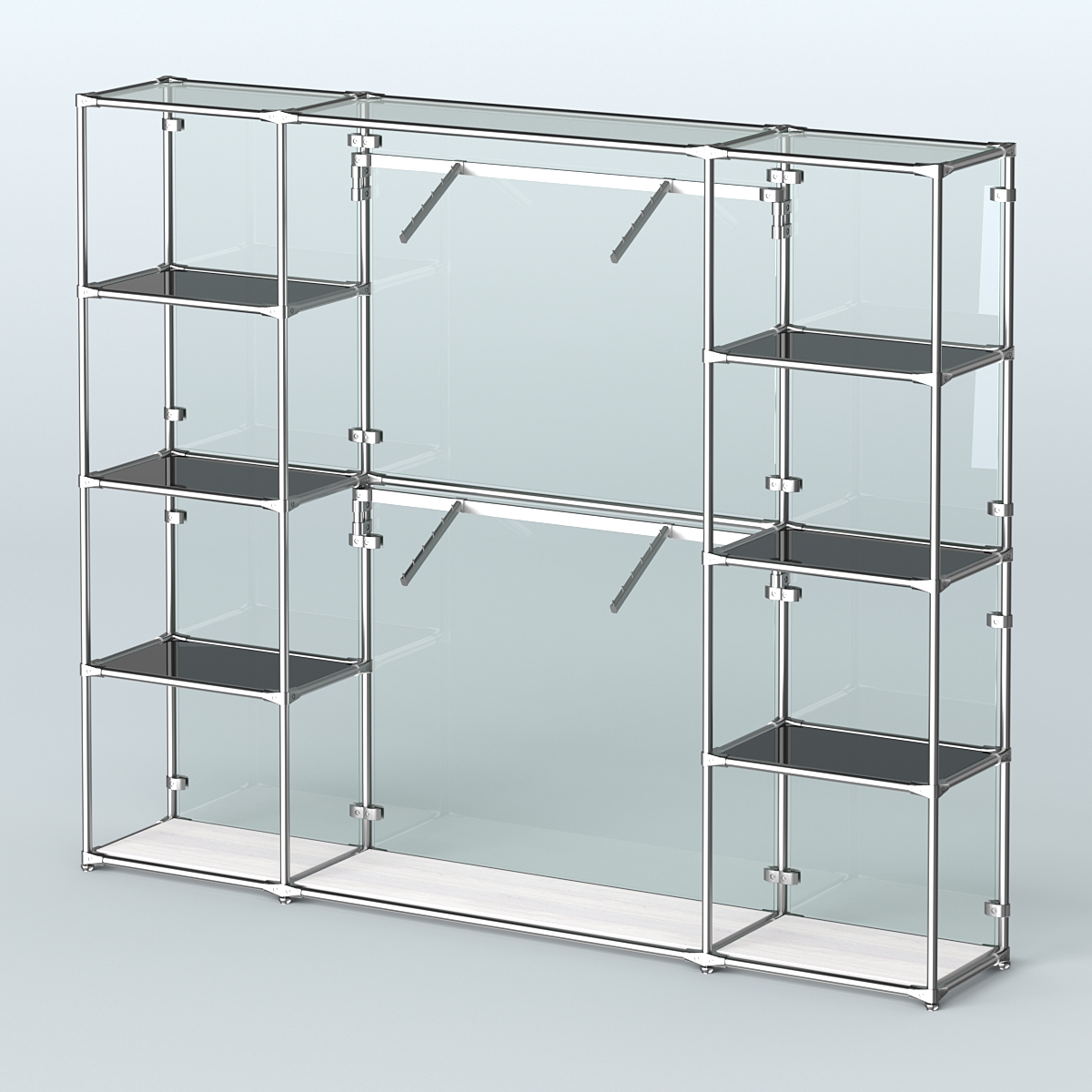 Торговая система ХРОМ (задняя стенка - стекло) 2430 мм с тонированными полками и поручнями №7 Ясень Анкор светлый