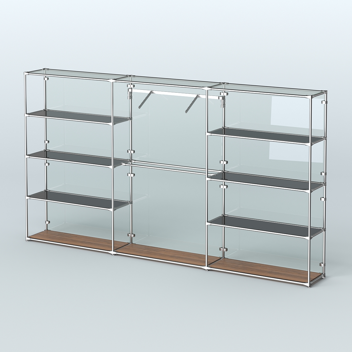 Торговая система ХРОМ (задняя стенка - стекло) 3600 мм с тонированными полками и поручнями №9 Орех