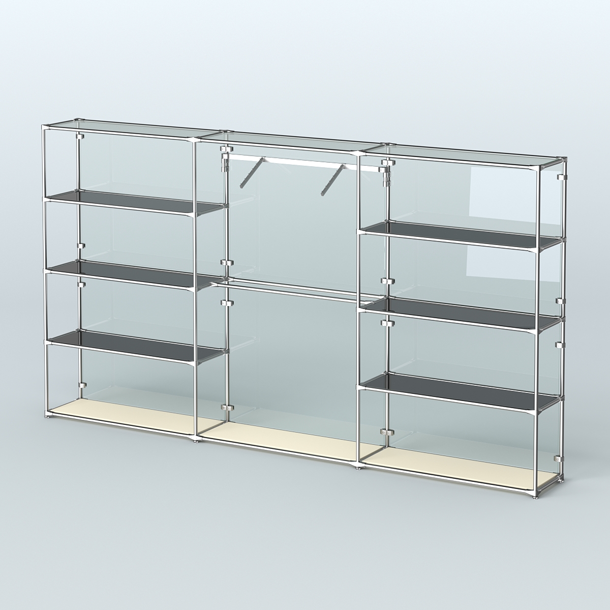 Торговая система ХРОМ (задняя стенка - стекло) 3600 мм с тонированными полками и поручнями №9 Крем Вайс
