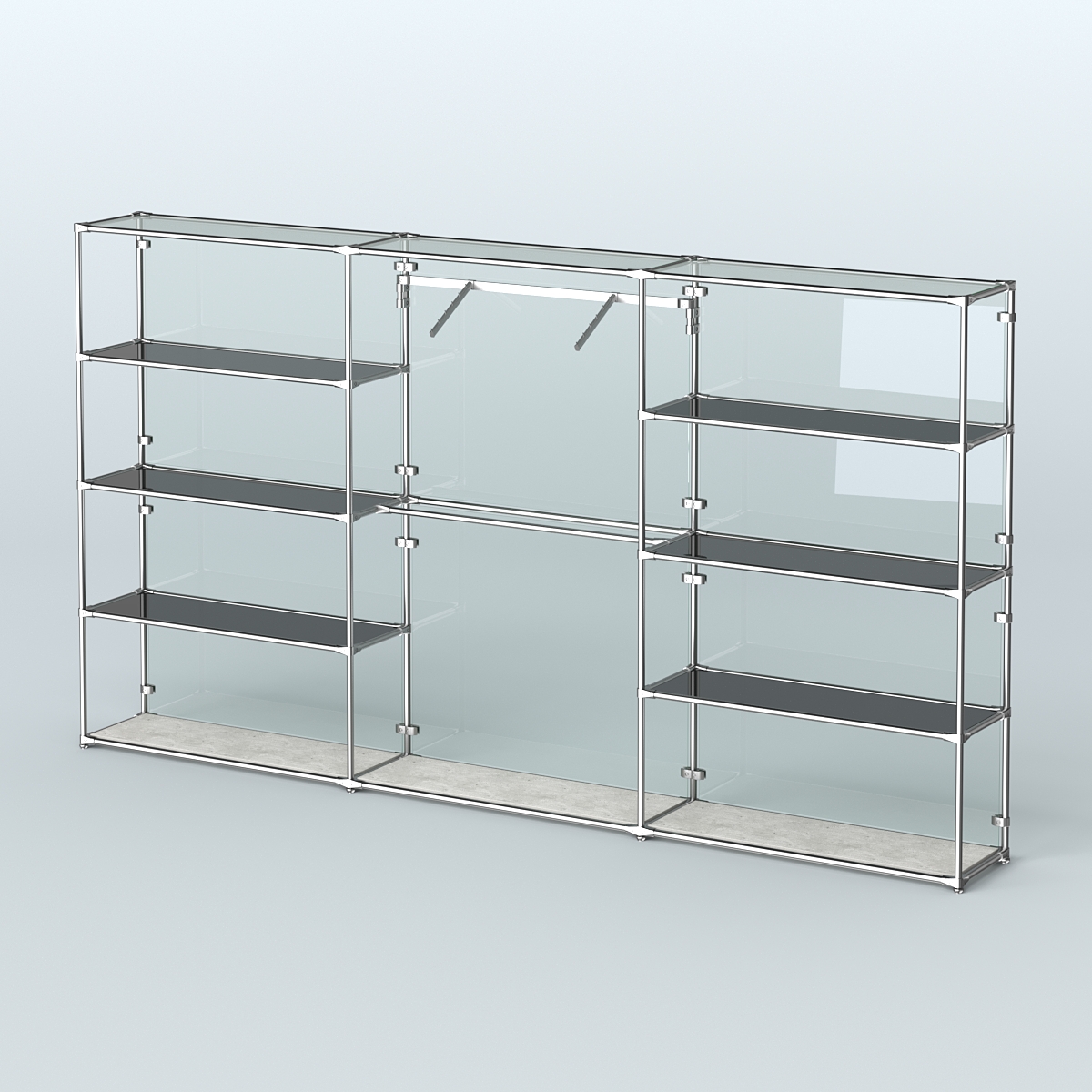 Торговая система ХРОМ (задняя стенка - стекло) 3600 мм с тонированными полками и поручнями №9 Метрополитан Грей