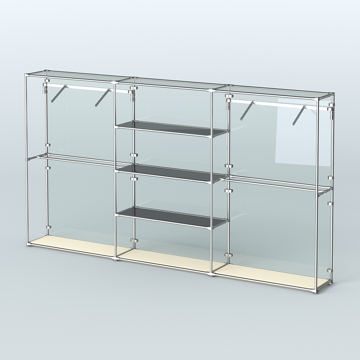 Торговая система ХРОМ (задняя стенка - стекло) 3600 мм с тонированными полками и поручнями №10 Крем Вайс