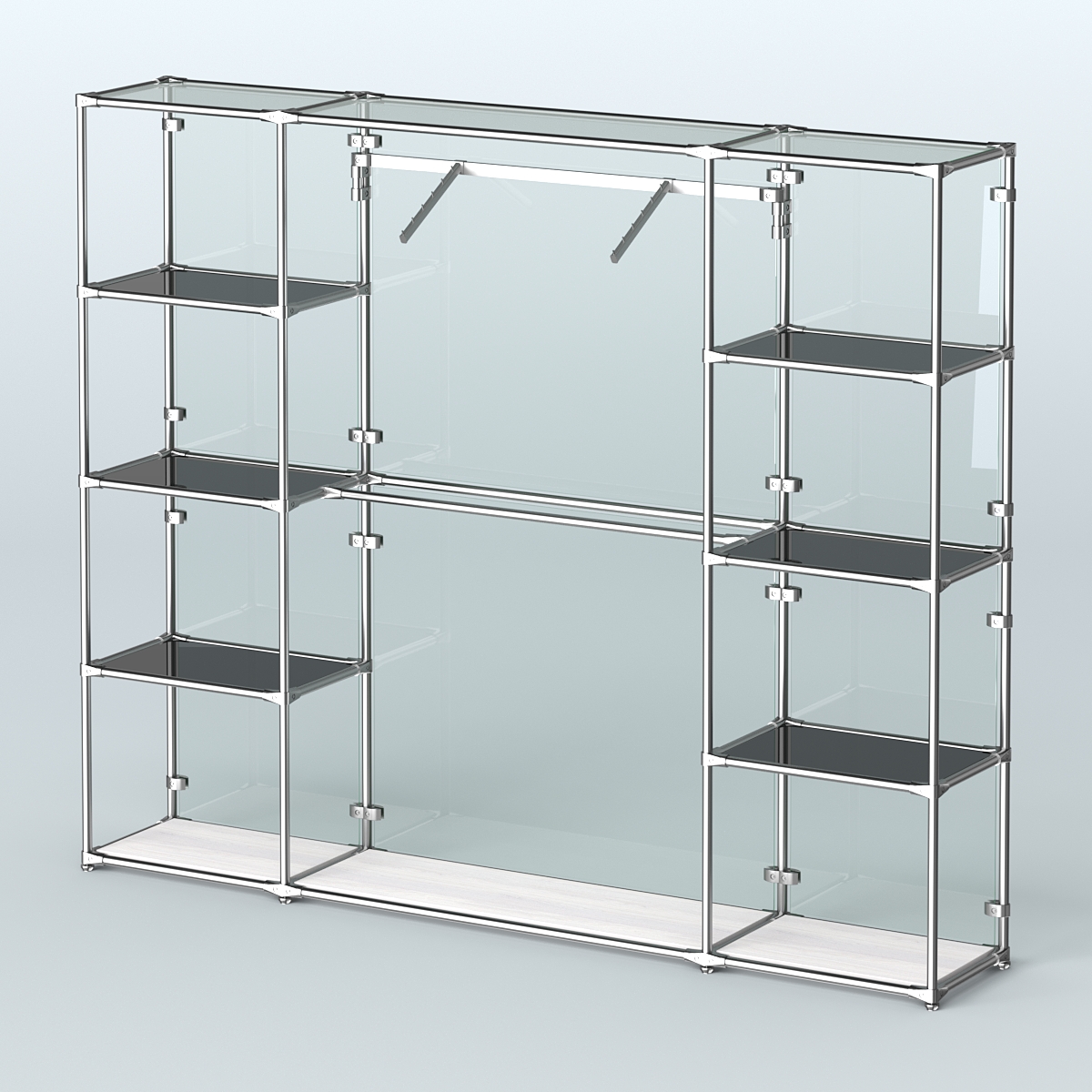 Торговая система ХРОМ (задняя стенка - стекло) 2430 мм с тонированными полками и поручнями №11 Ясень Анкор светлый