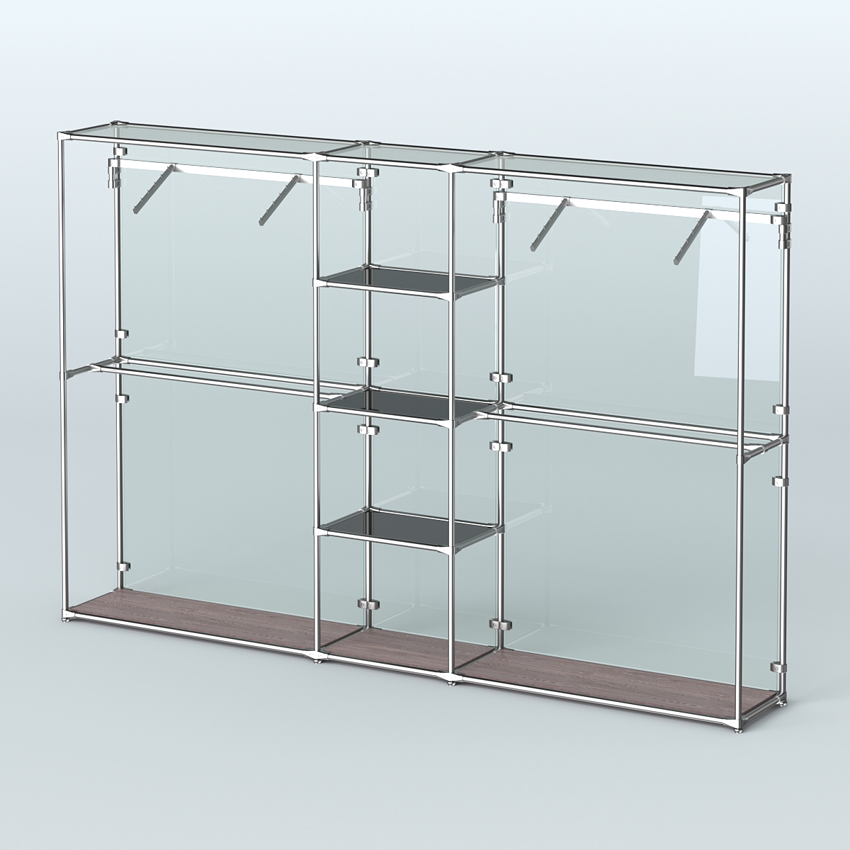 Торговая система ХРОМ (задняя стенка - стекло) 3030 мм с тонированными полками и поручнями №12 Ясень Анкор темный