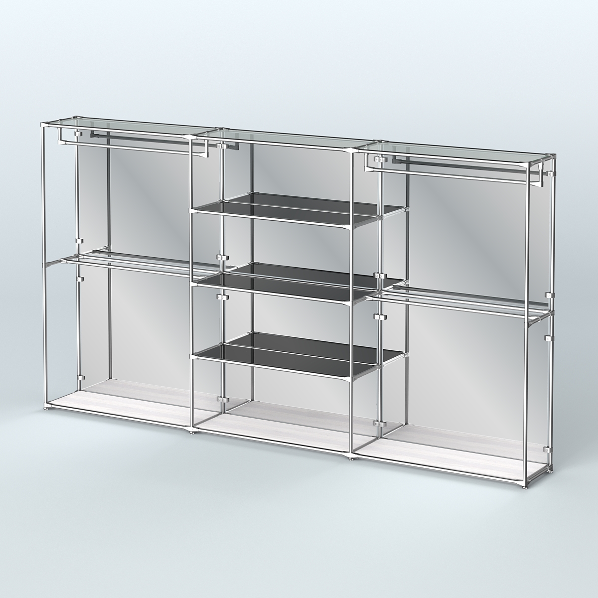 Торговая система ХРОМ (задняя стенка - зеркало) 3600 мм с тонированными полками и поручнями №2 Ясень Анкор светлый