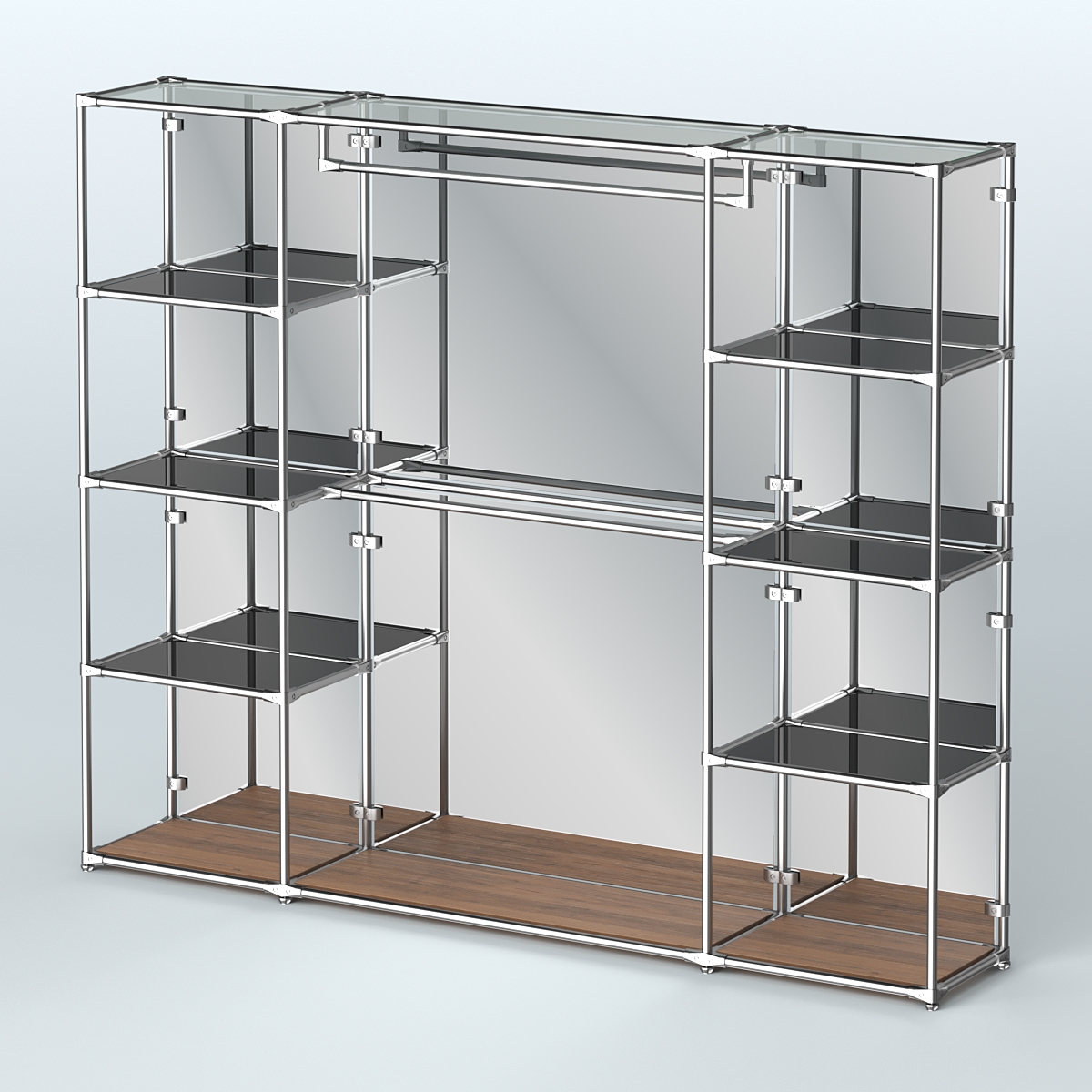 Торговая система ХРОМ (задняя стенка - зеркало) 2430 мм с тонированными полками и поручнями №3 Орех