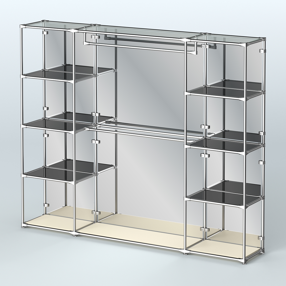 Торговая система ХРОМ (задняя стенка - зеркало) 2430 мм с тонированными полками и поручнями №3 Крем Вайс