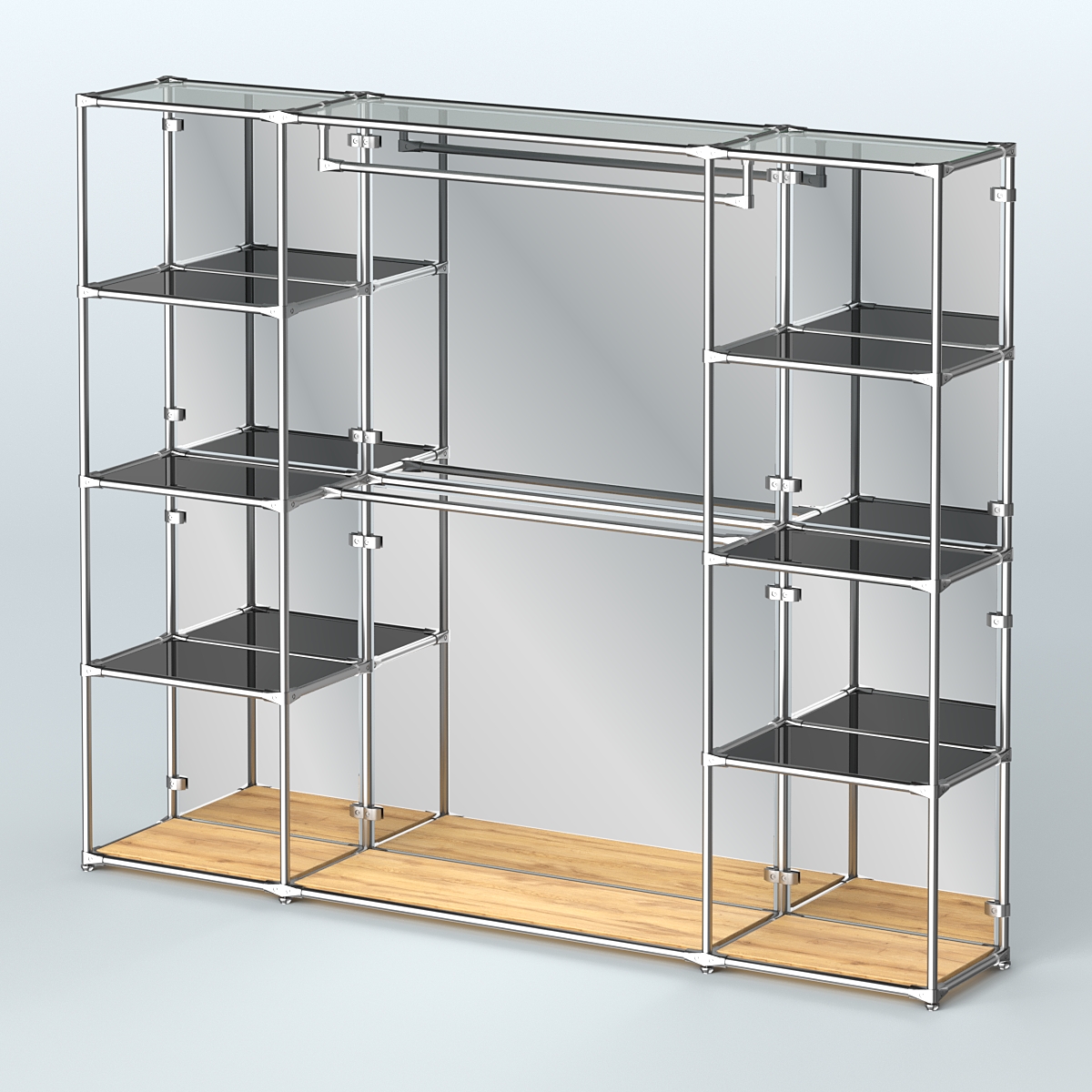 Торговая система ХРОМ (задняя стенка - зеркало) 2430 мм с тонированными полками и поручнями №3 Дуб Золотистый