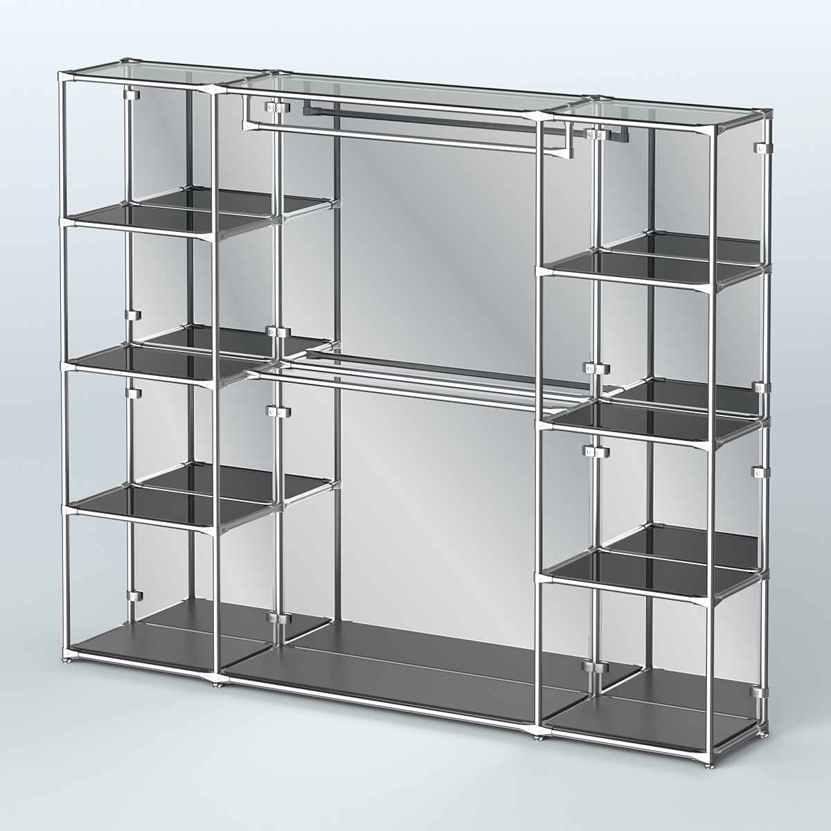 Торговая система ХРОМ (задняя стенка - зеркало) 2430 мм с тонированными полками и поручнями №3 Черный