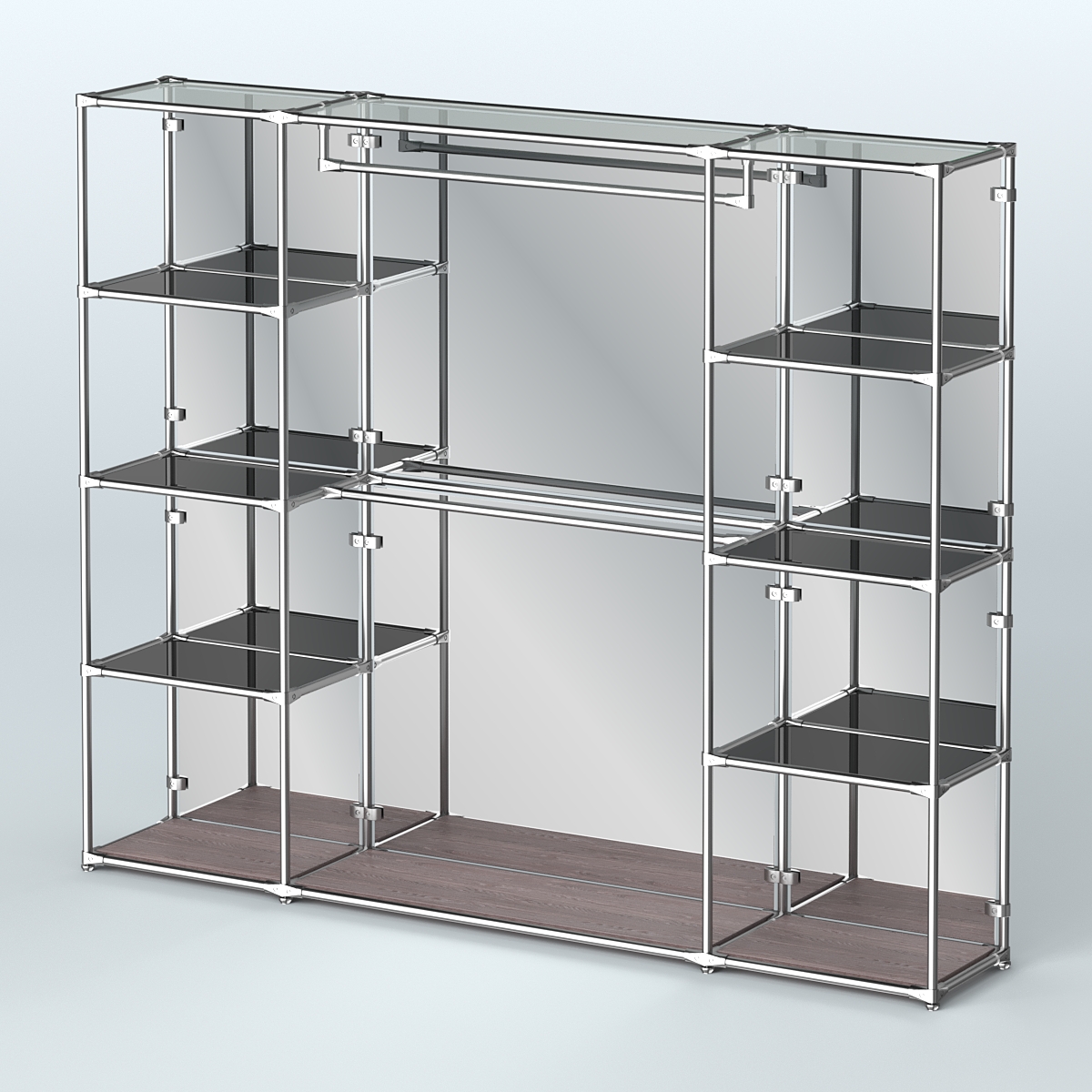 Торговая система ХРОМ (задняя стенка - зеркало) 2430 мм с тонированными полками и поручнями №3 Ясень Анкор темный