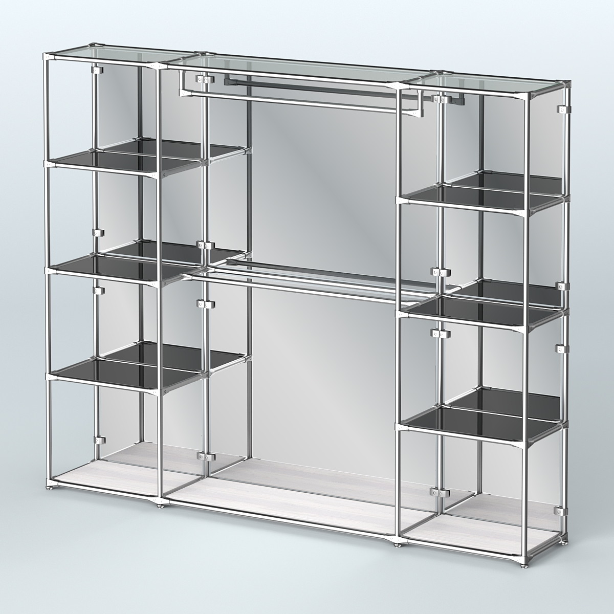 Торговая система ХРОМ (задняя стенка - зеркало) 2430 мм с тонированными полками и поручнями №3 Ясень Анкор светлый