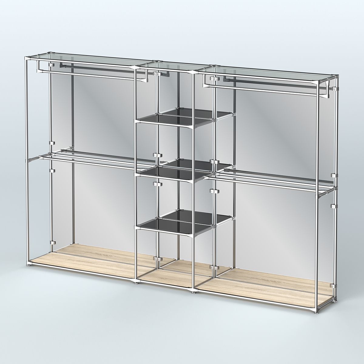 Торговая система ХРОМ (задняя стенка - зеркало) 3030 мм с тонированными полками и поручнями №4 Дуб Сонома