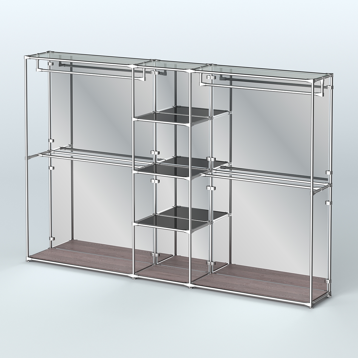 Торговая система ХРОМ (задняя стенка - зеркало) 3030 мм с тонированными полками и поручнями №4 Ясень Анкор темный