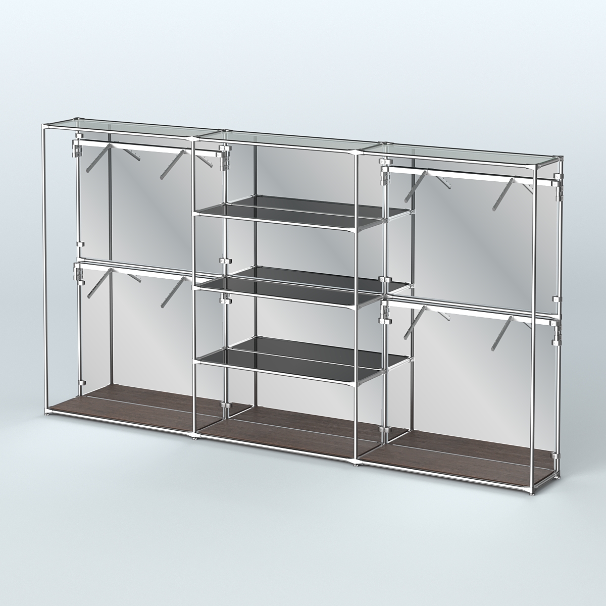 Торговая система ХРОМ (задняя стенка - зеркало) 3600 мм с тонированными полками и поручнями №5 Дуб Венге