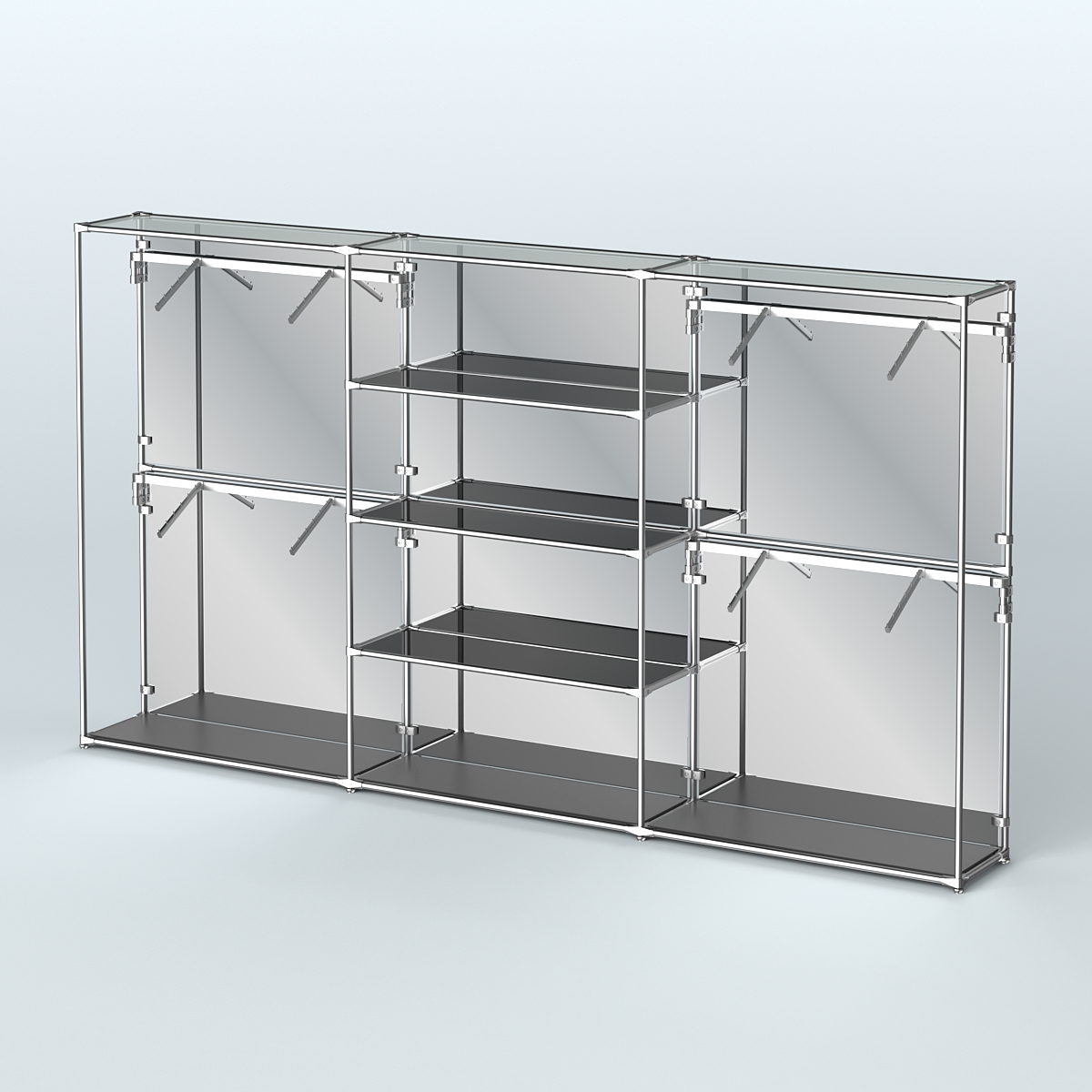 Торговая система ХРОМ (задняя стенка - зеркало) 3600 мм с тонированными полками и поручнями №5 Черный