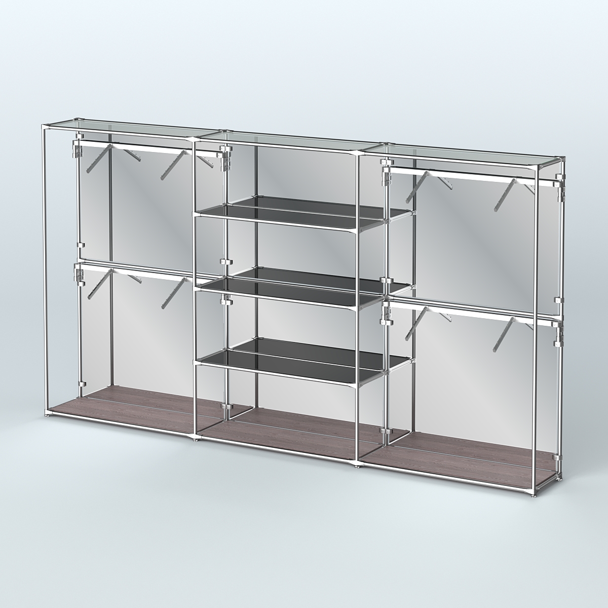 Торговая система ХРОМ (задняя стенка - зеркало) 3600 мм с тонированными полками и поручнями №5 Ясень Анкор темный