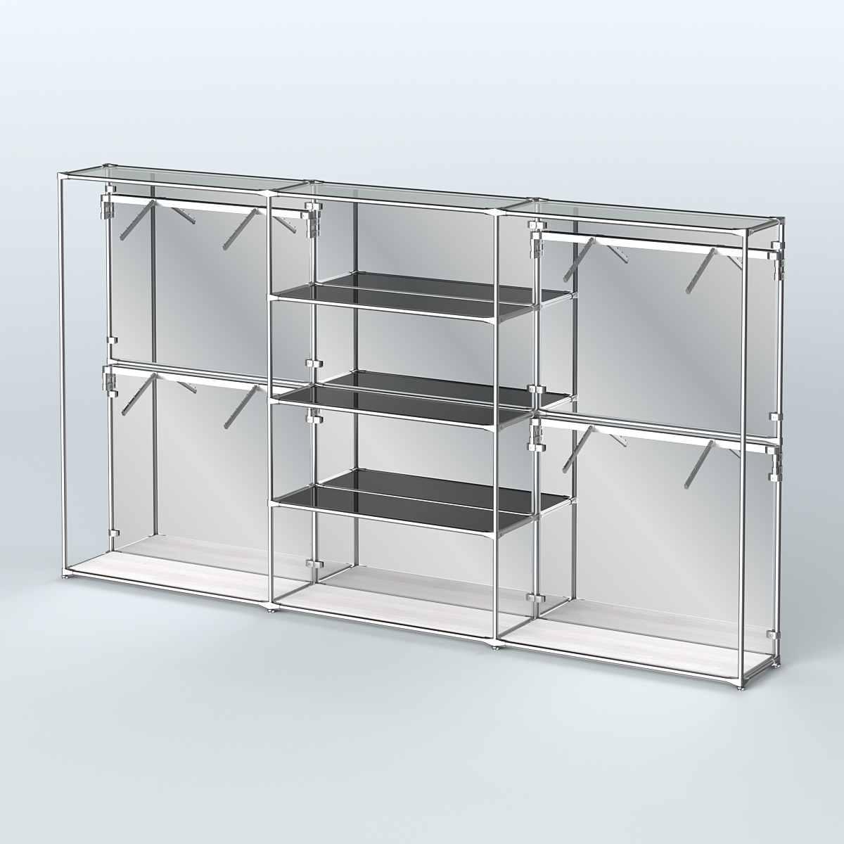 Торговая система ХРОМ (задняя стенка - зеркало) 3600 мм с тонированными полками и поручнями №5 Ясень Анкор светлый