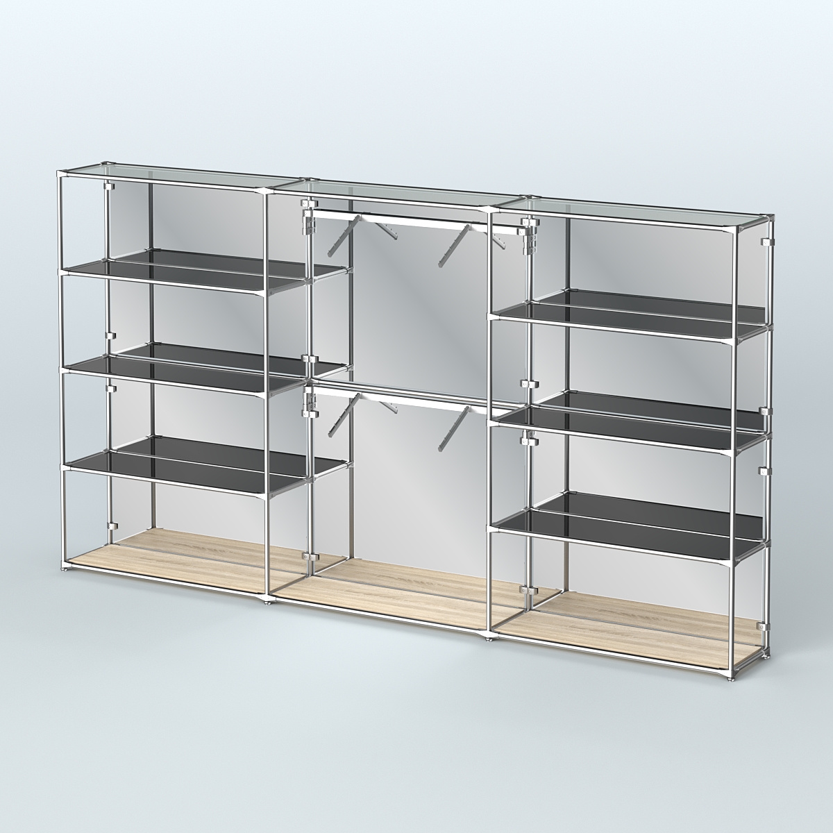 Торговая система ХРОМ (задняя стенка - зеркало) 3600 мм с тонированными полками и поручнями №6 Дуб Сонома