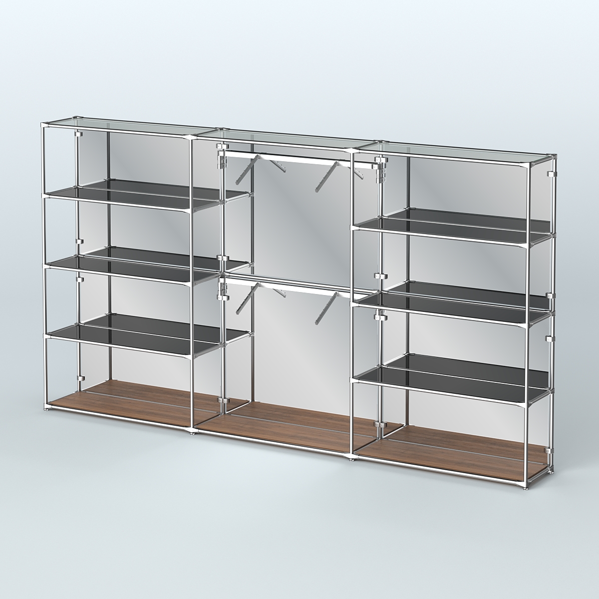 Торговая система ХРОМ (задняя стенка - зеркало) 3600 мм с тонированными полками и поручнями №6 Орех