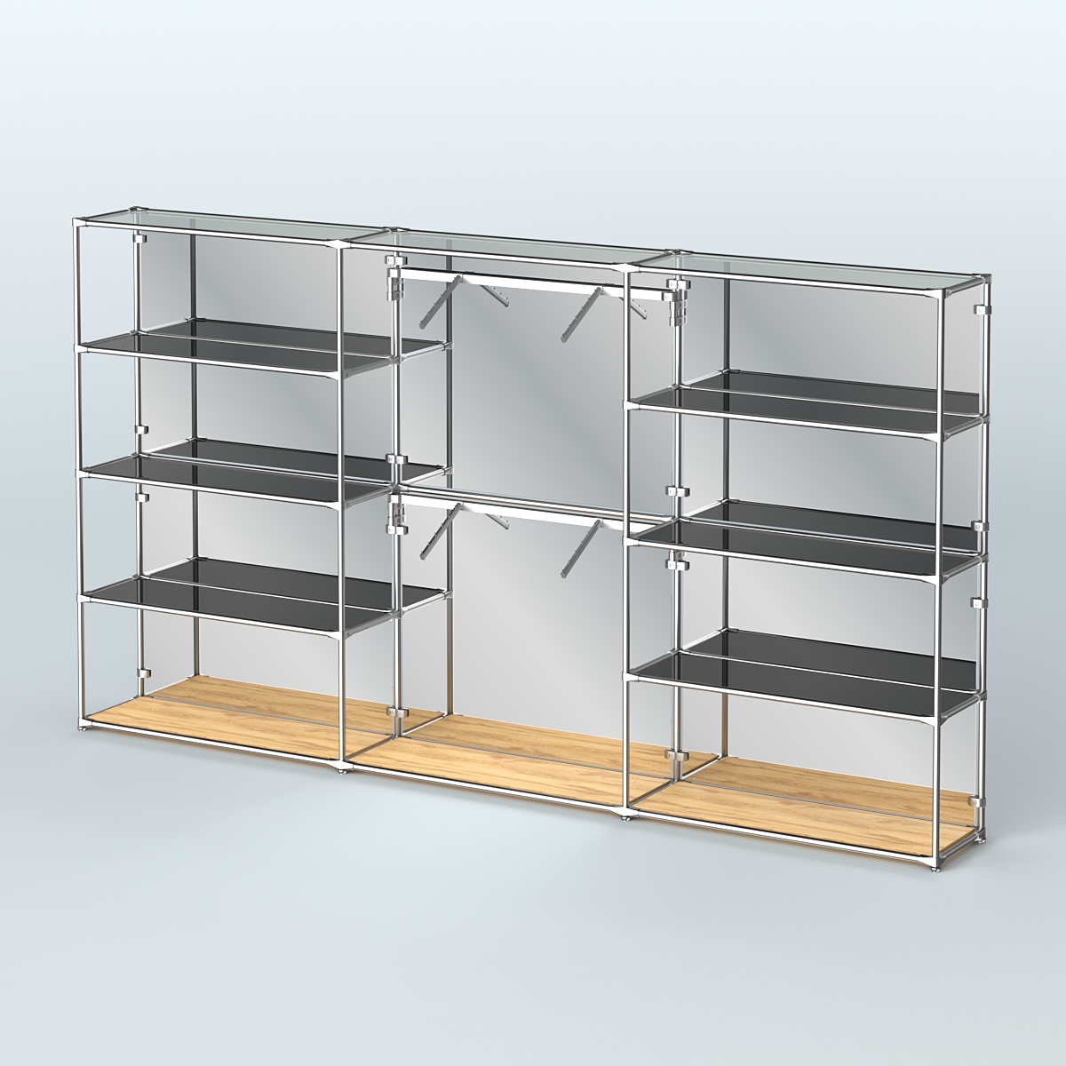 Торговая система ХРОМ (задняя стенка - зеркало) 3600 мм с тонированными полками и поручнями №6 Дуб Золотистый