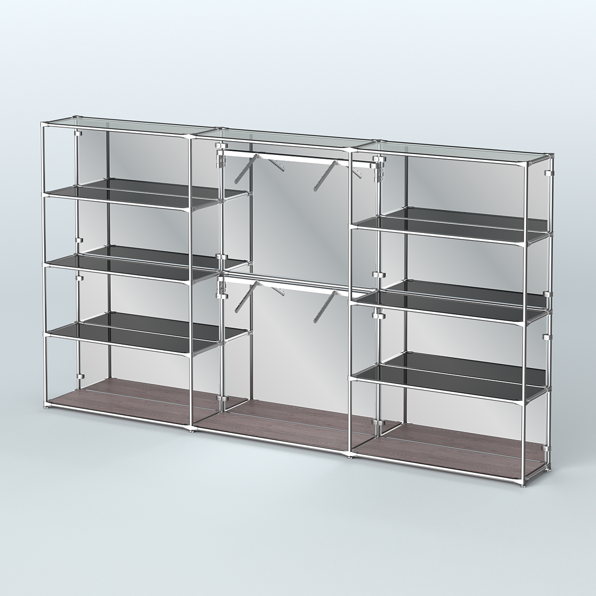 Торговая система ХРОМ (задняя стенка - зеркало) 3600 мм с тонированными полками и поручнями №6 Ясень Анкор темный