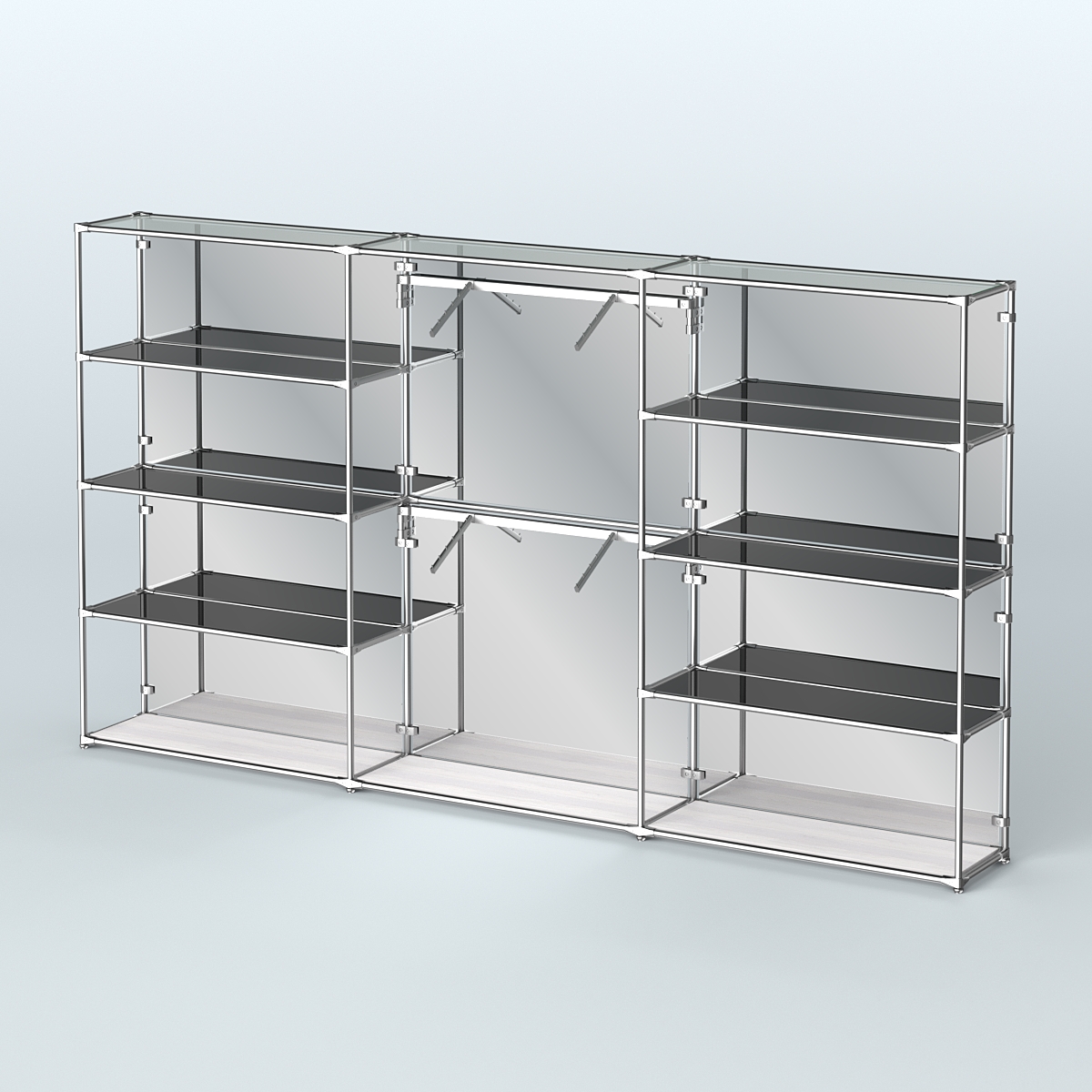 Торговая система ХРОМ (задняя стенка - зеркало) 3600 мм с тонированными полками и поручнями №6 Ясень Анкор светлый