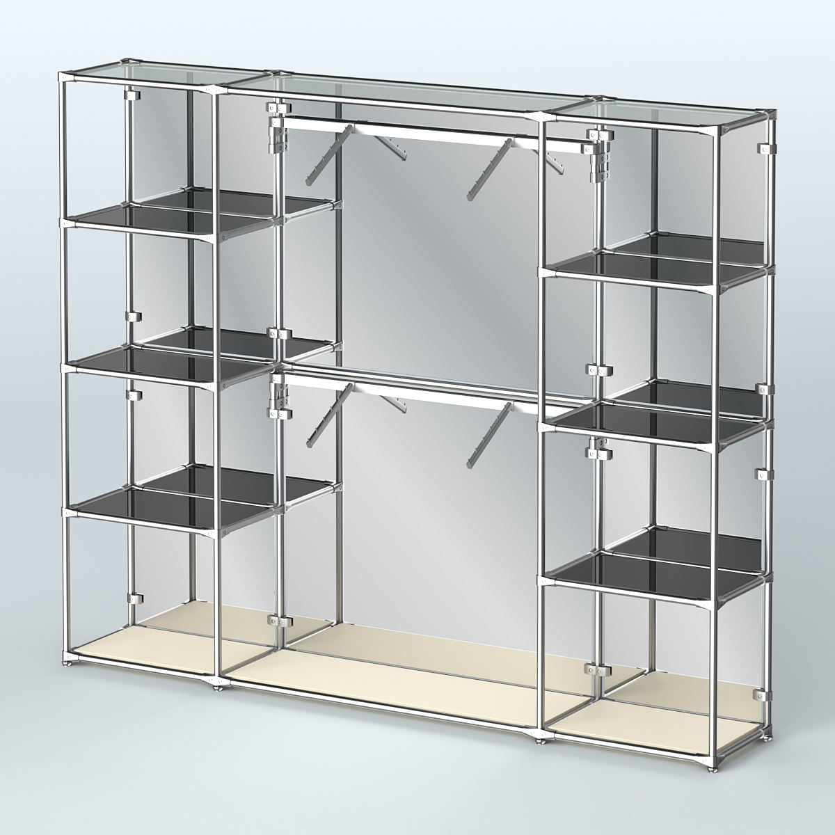 Торговая система ХРОМ (задняя стенка - зеркало) 2430 мм с тонированными полками и поручнями №7 Крем Вайс