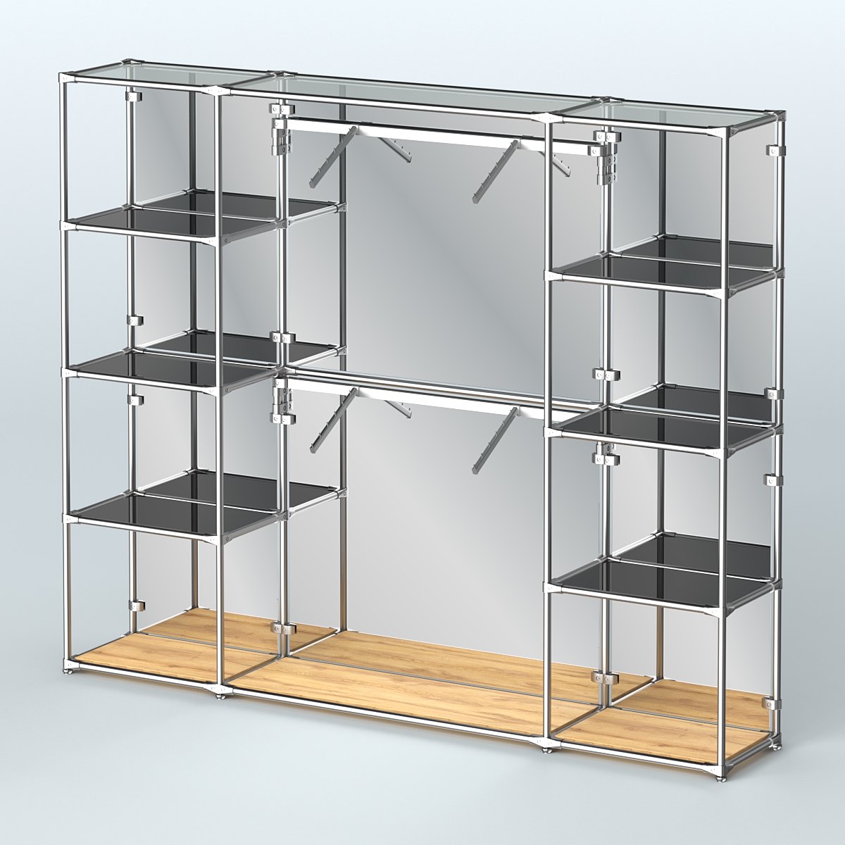 Торговая система ХРОМ (задняя стенка - зеркало) 2430 мм с тонированными полками и поручнями №7 Дуб Золотистый