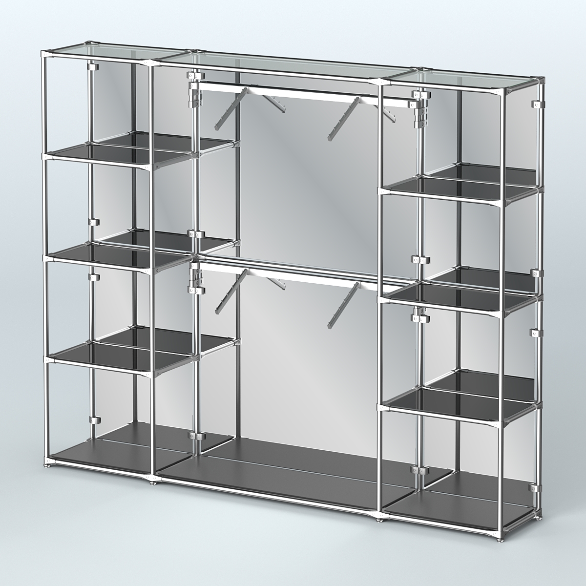 Торговая система ХРОМ (задняя стенка - зеркало) 2430 мм с тонированными полками и поручнями №7 Черный